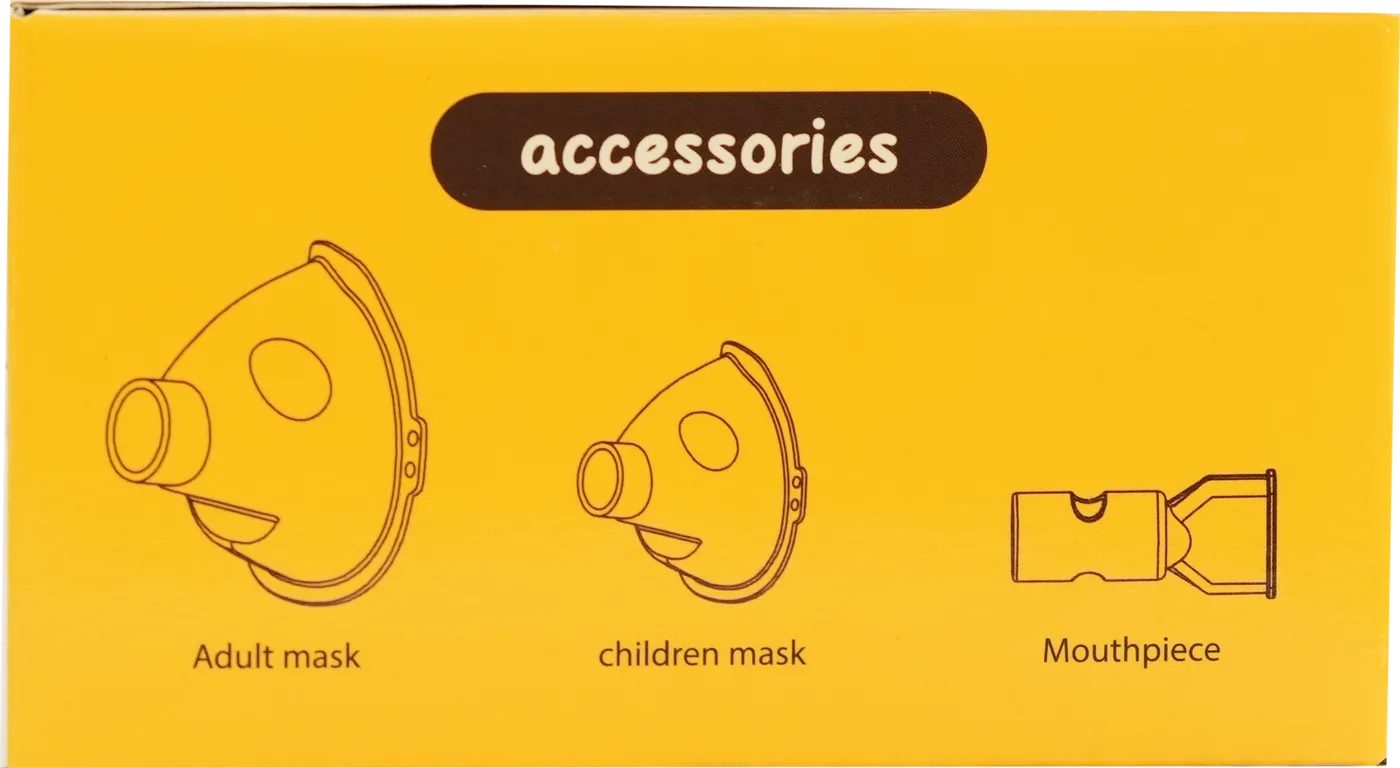 Bok pudełka modelu dla dzieci z napisem „Accessories” („Akcesoria”) i rysunkami maski dla dorosłych, maski dla dzieci i ustnika